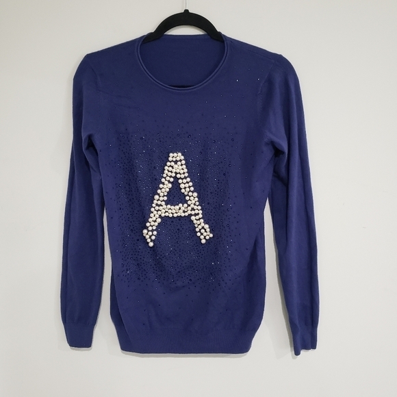 Blue Long Sleeve Faux Pearls Embellished Letter A Pullover Sweatshirt - Picture 3 of 11